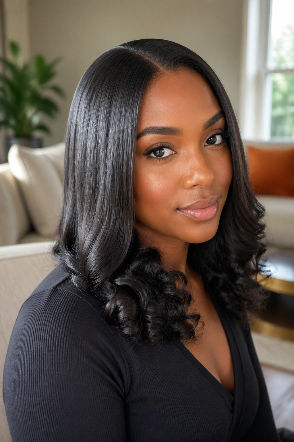 Close-up portrait of a real woman with silk press curls transitioning from straight to curled ends in natural light