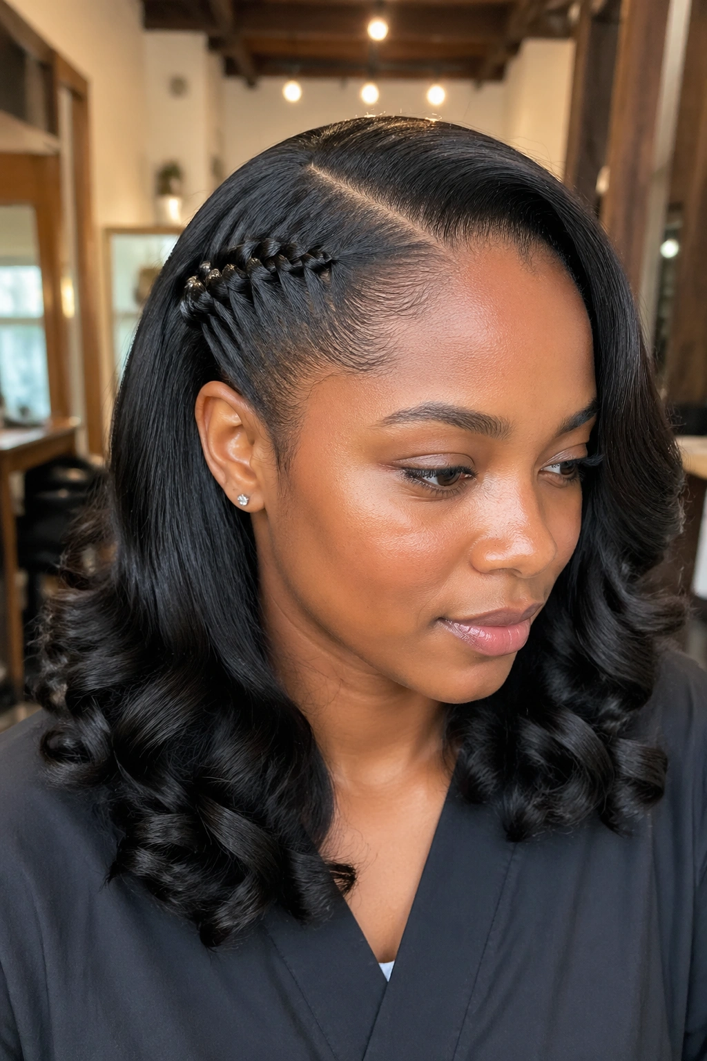 Close-up of a real woman with a flat twist at the front and sleek silk-pressed curls