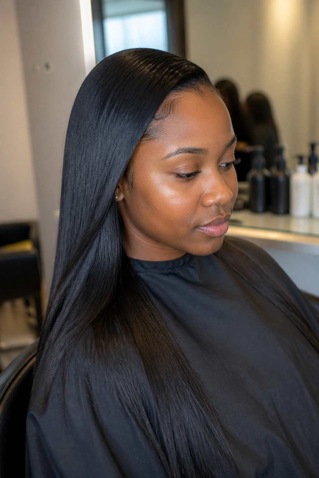 Portrait of a woman with silk-pressed glossy hair in a salon