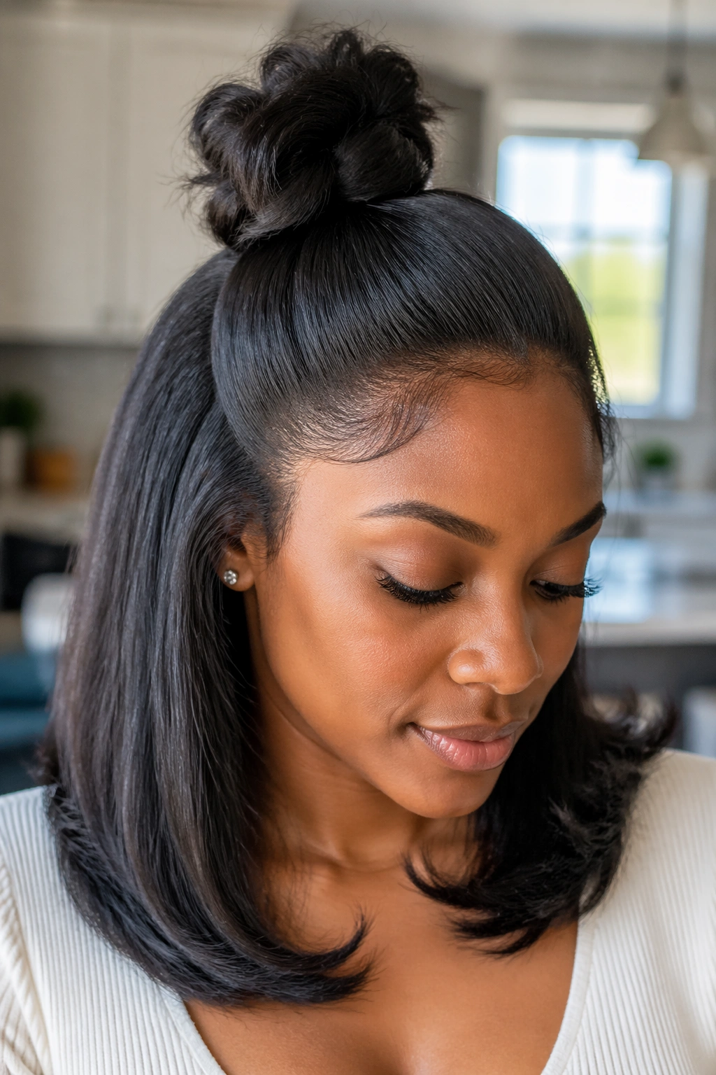 Close-up of a real Black woman with sleek silk-pressed hair and half bun