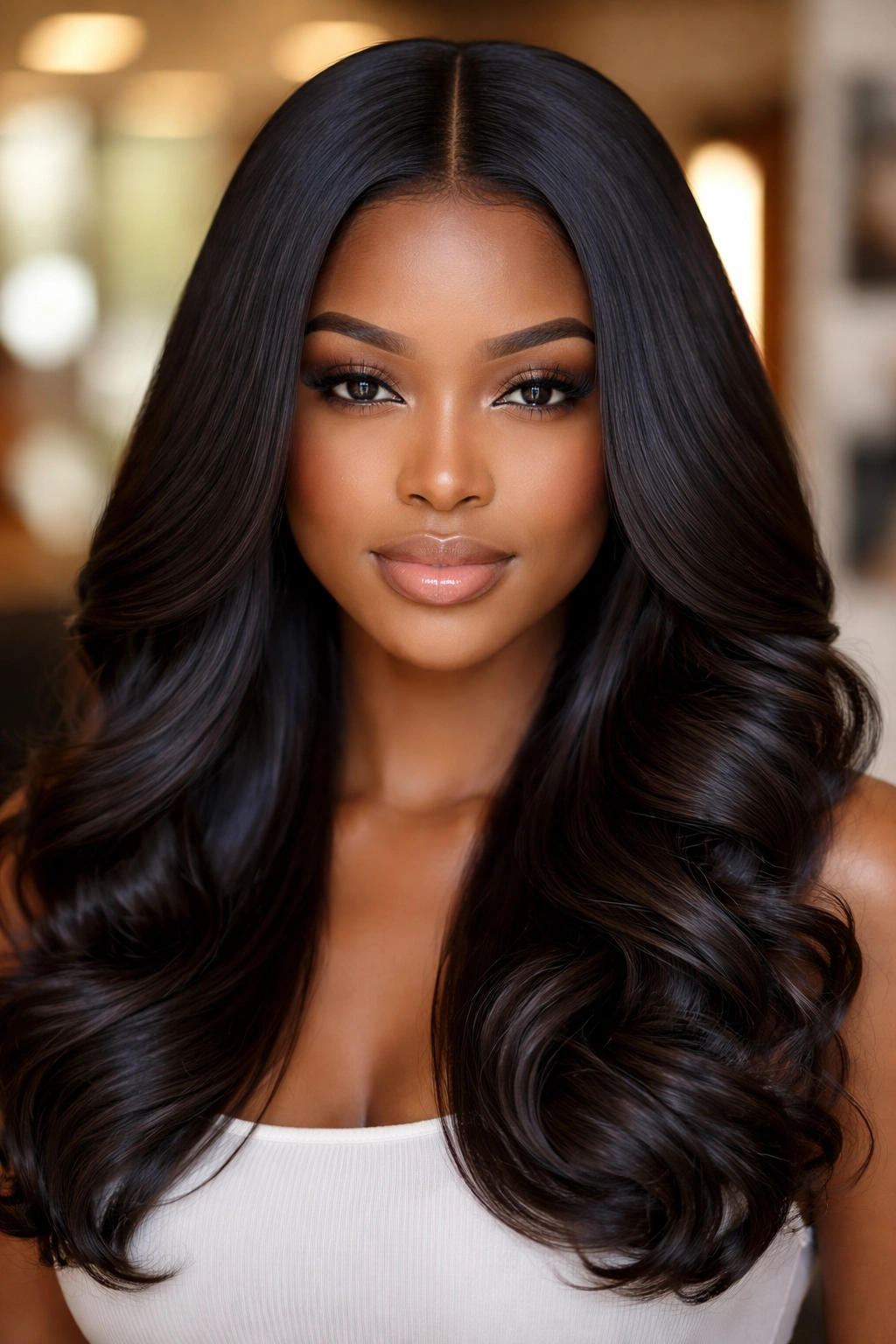 Close-up of a real woman with a centered middle part and silk-pressed hair in a warm salon