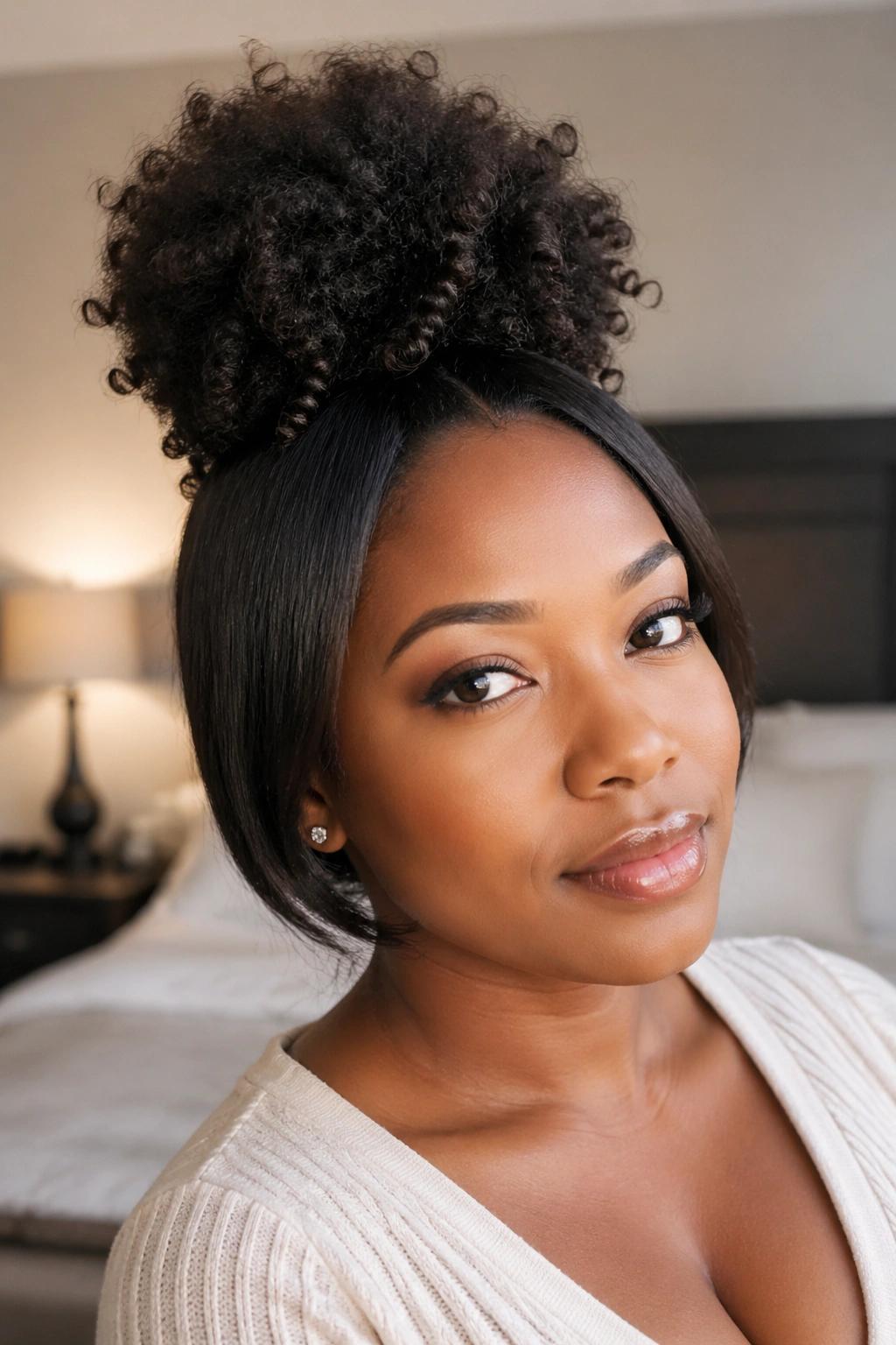 Close-up portrait of a real woman with a silk press and a natural puff on top