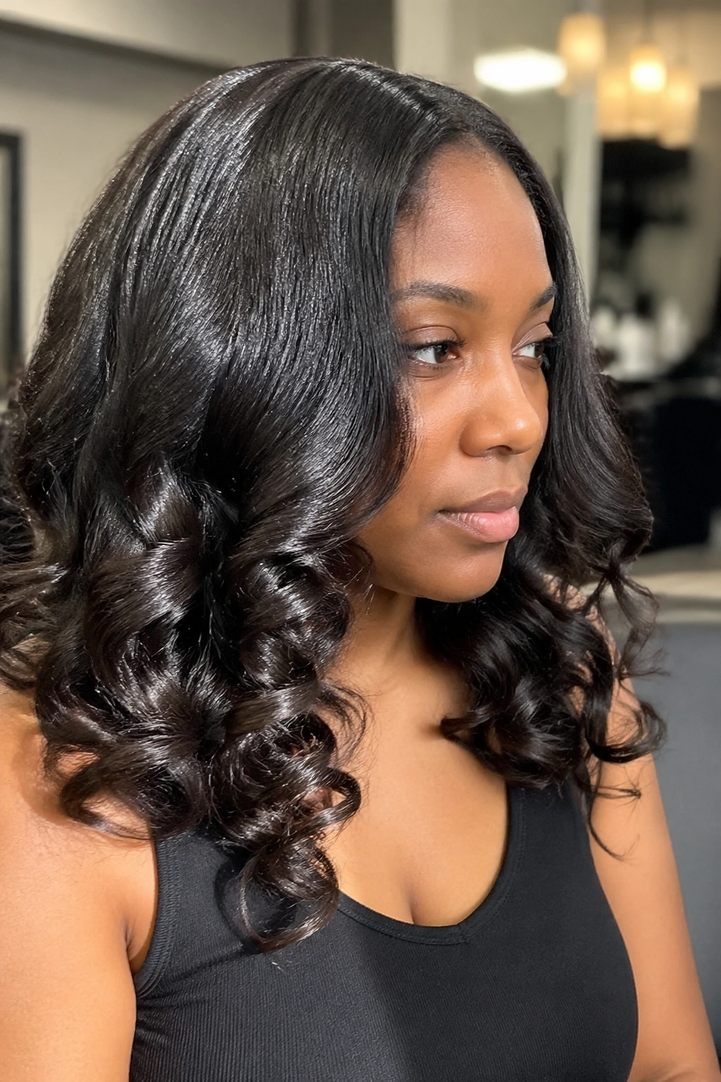 Close-up of silk press with perm rod curls on glossy hair