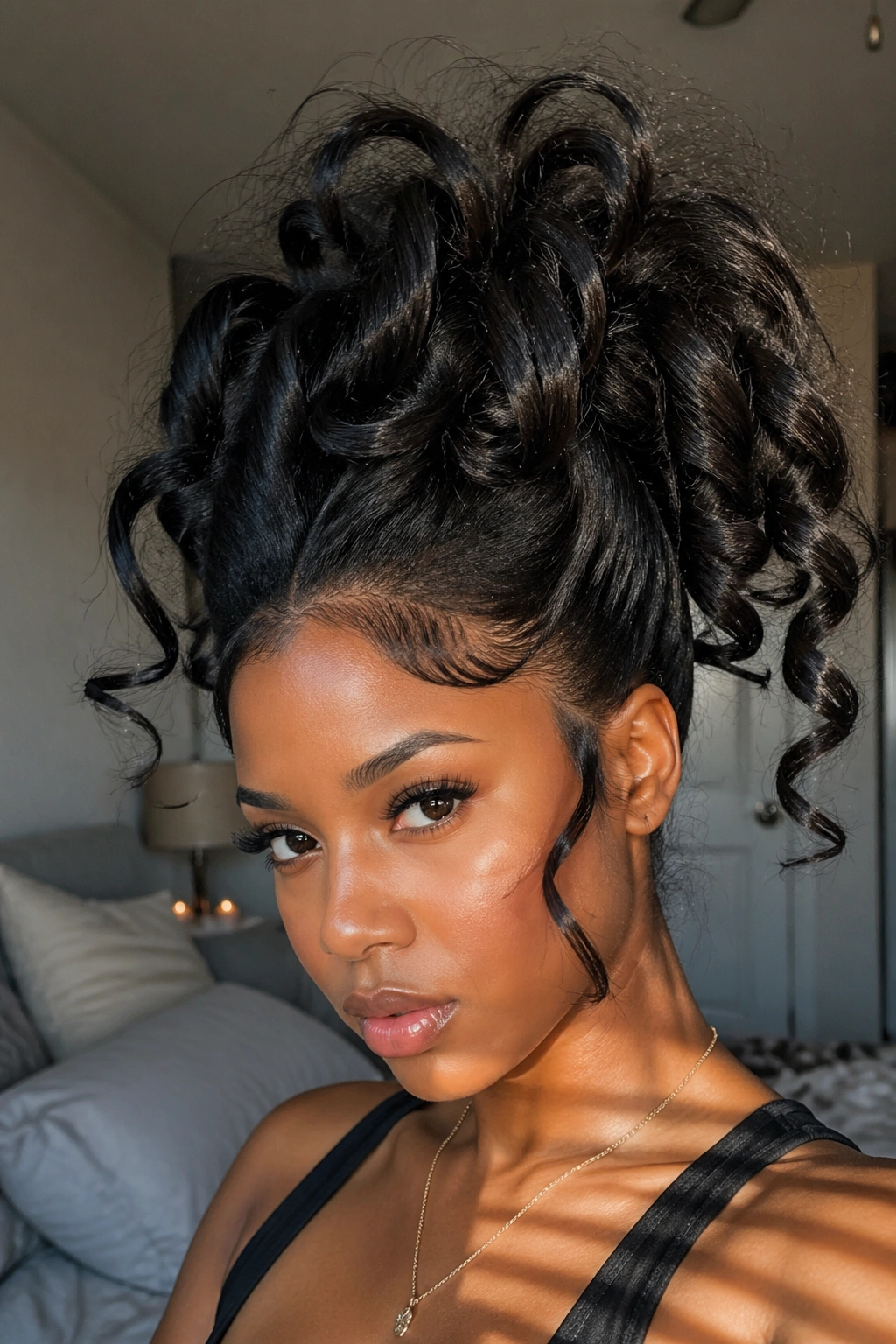 Real woman with a high pineapple silk-pressed style and curls radiating from the crown