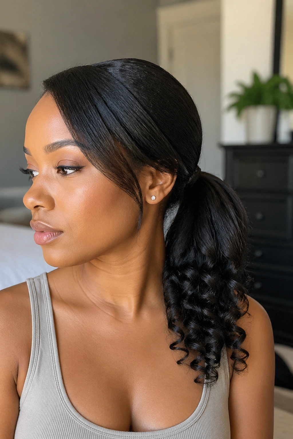 Close-up of a real woman with a silk-pressed ponytail and curly ends
