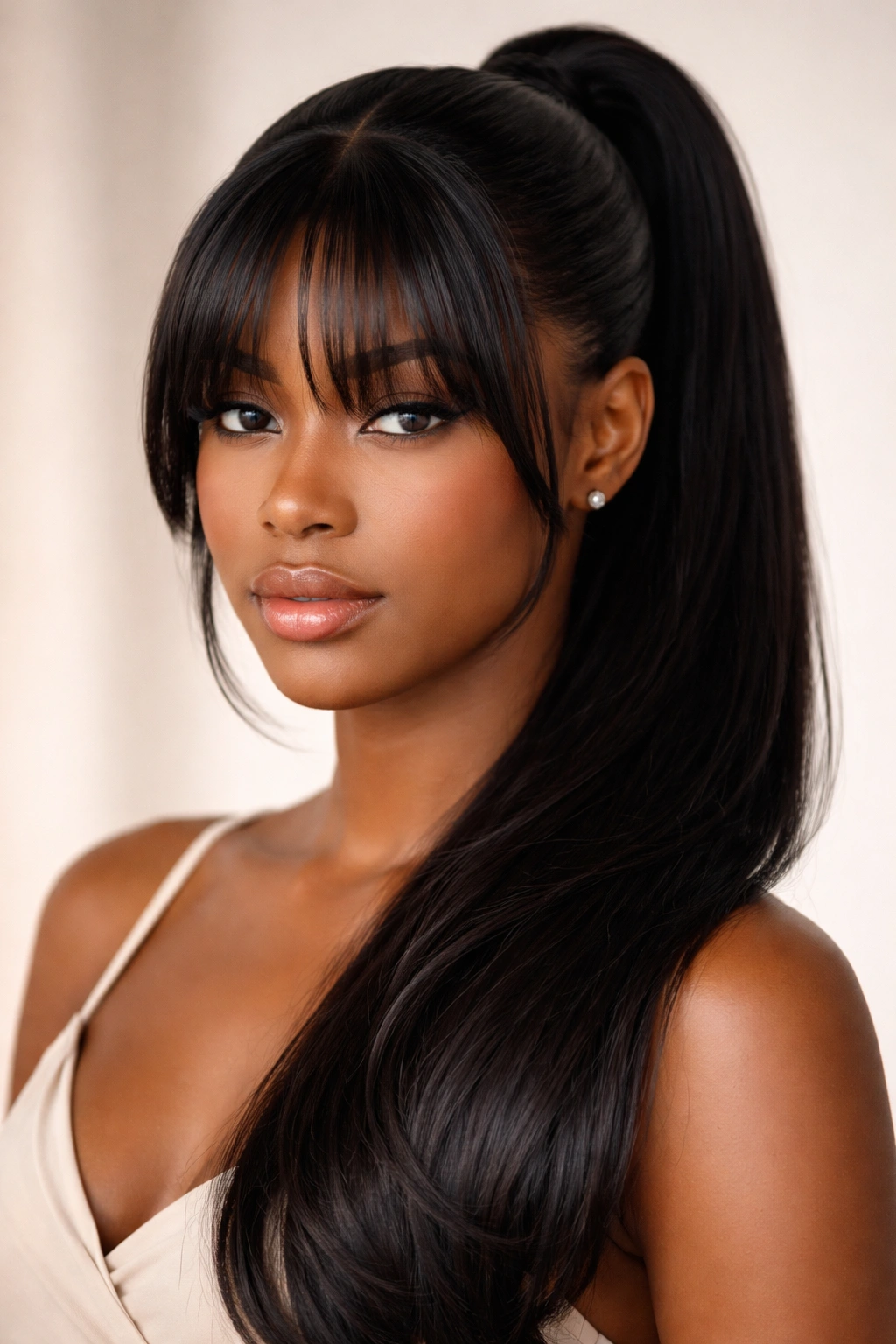 Center-part silk-press ponytail with feathered bangs: glossy straight hair with a long ponytail framing the face.