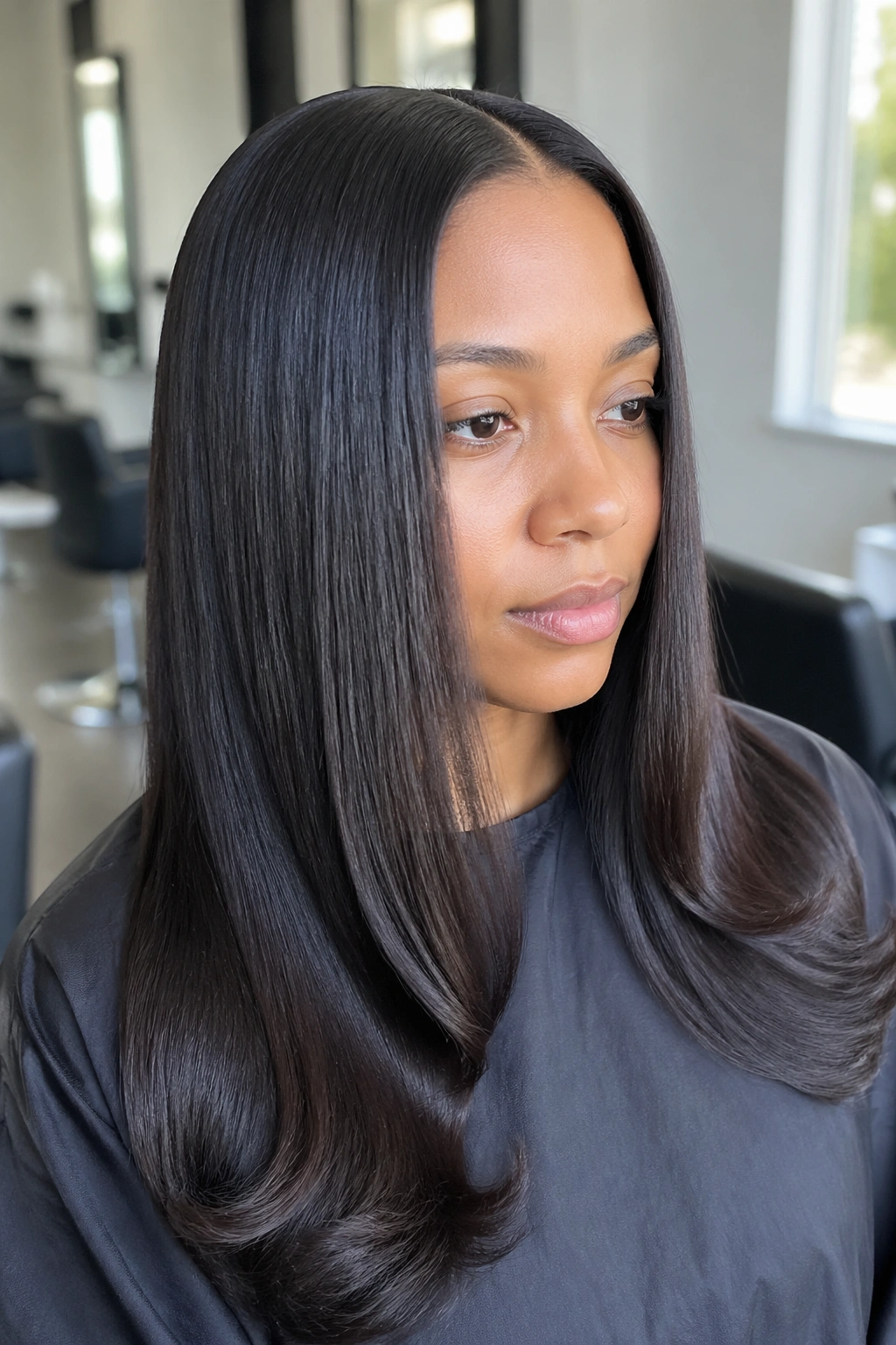 Close-up portrait of a real woman with silk-pressed glossy hair in a salon