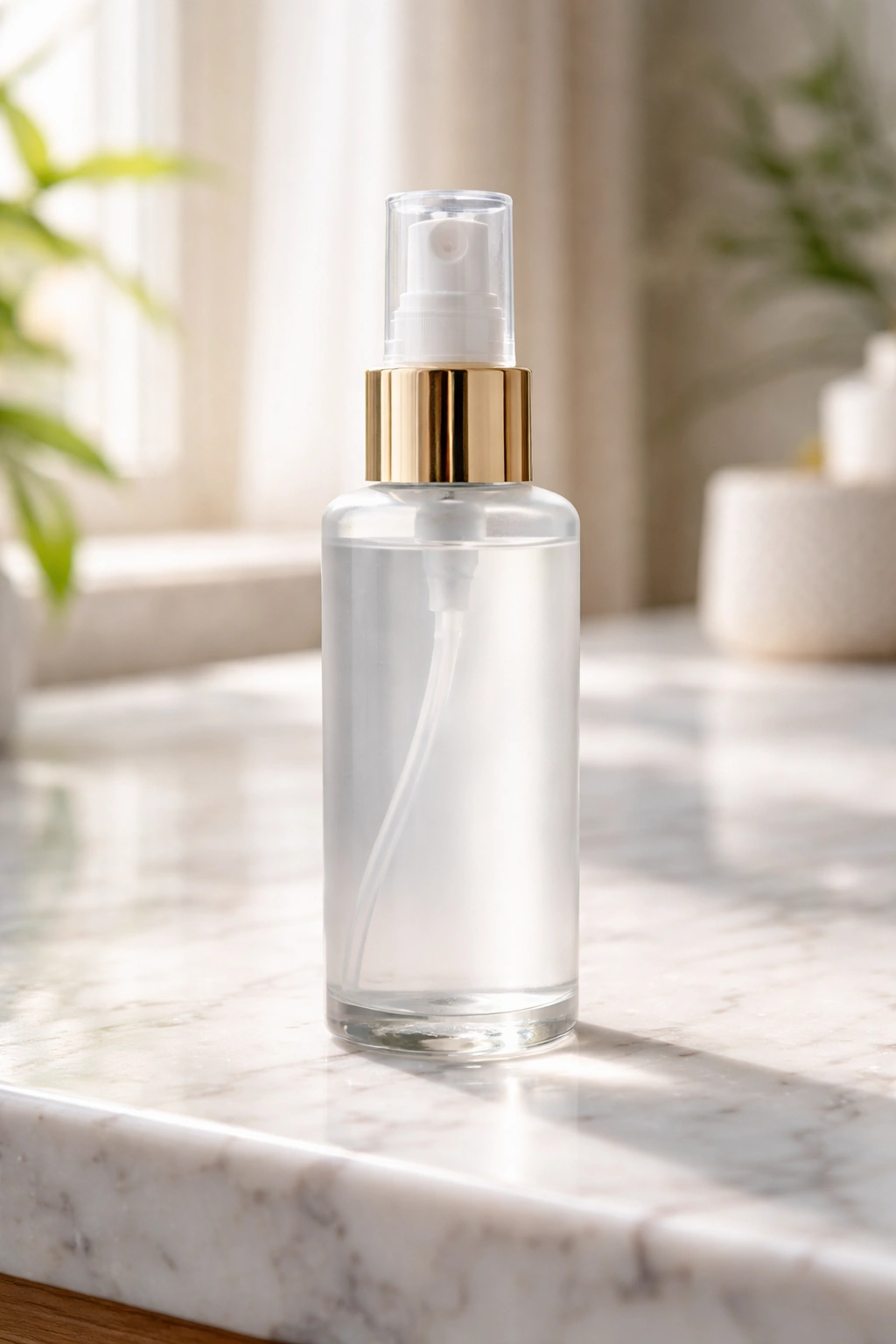 Macro shot of a plain bottle representing lightweight heat protectant for short silk press curls.