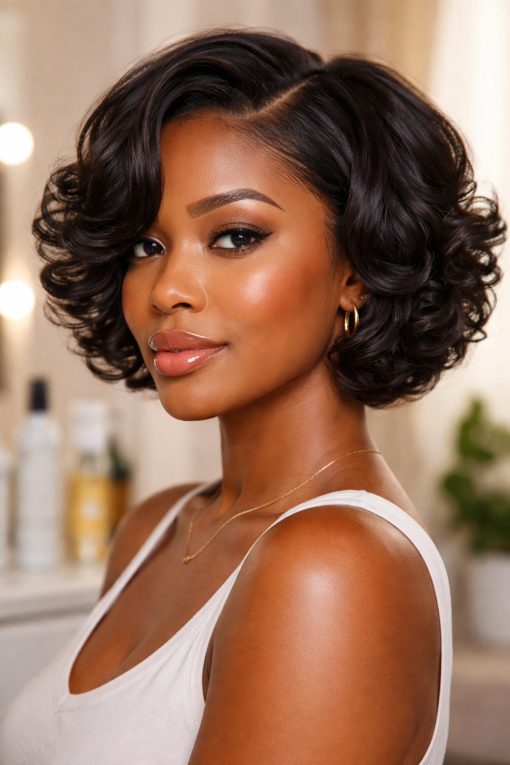 Close-up of a woman with glossy short silk-pressed curls with a blurred vanity background