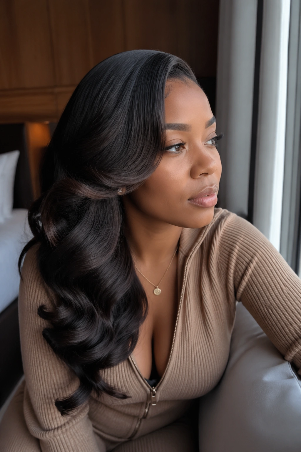 Portrait of a woman with side-swept curls on a silk-pressed hairstyle.