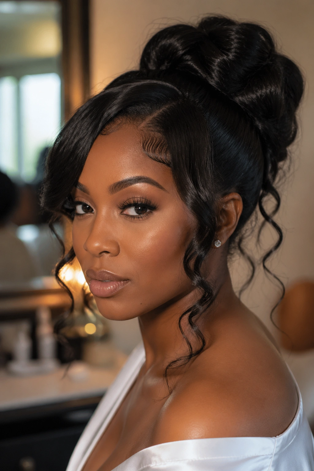 Close-up portrait of a real woman with a silk press updo and curling tendrils framing her face