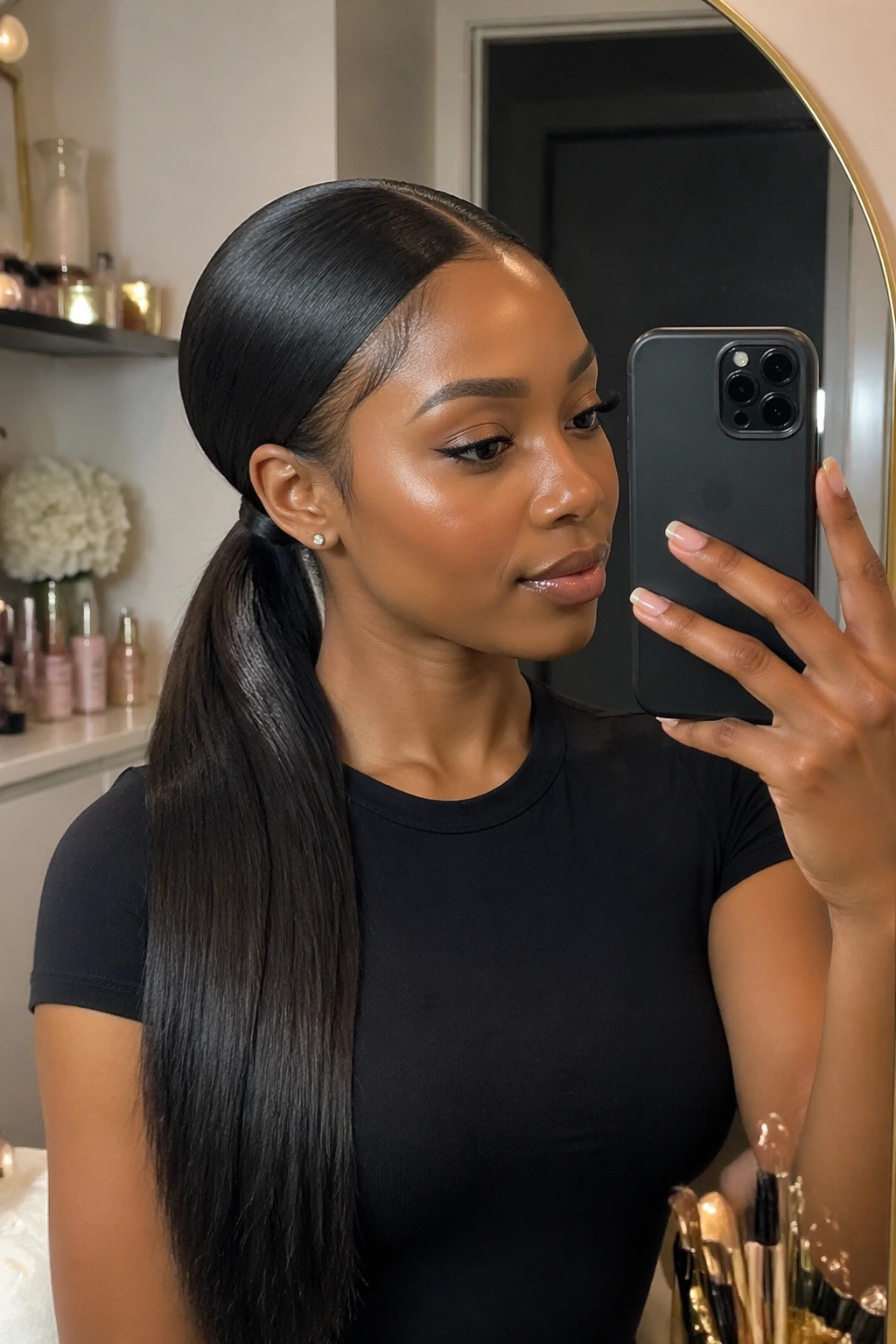 Silk-pressed hair with narrow crown V part in mirror selfie POV