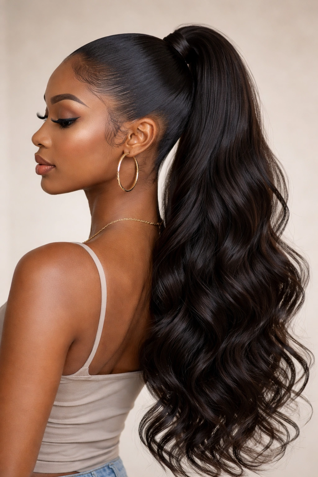 Close-up of silk-pressed base with wavy extensions in a high ponytail