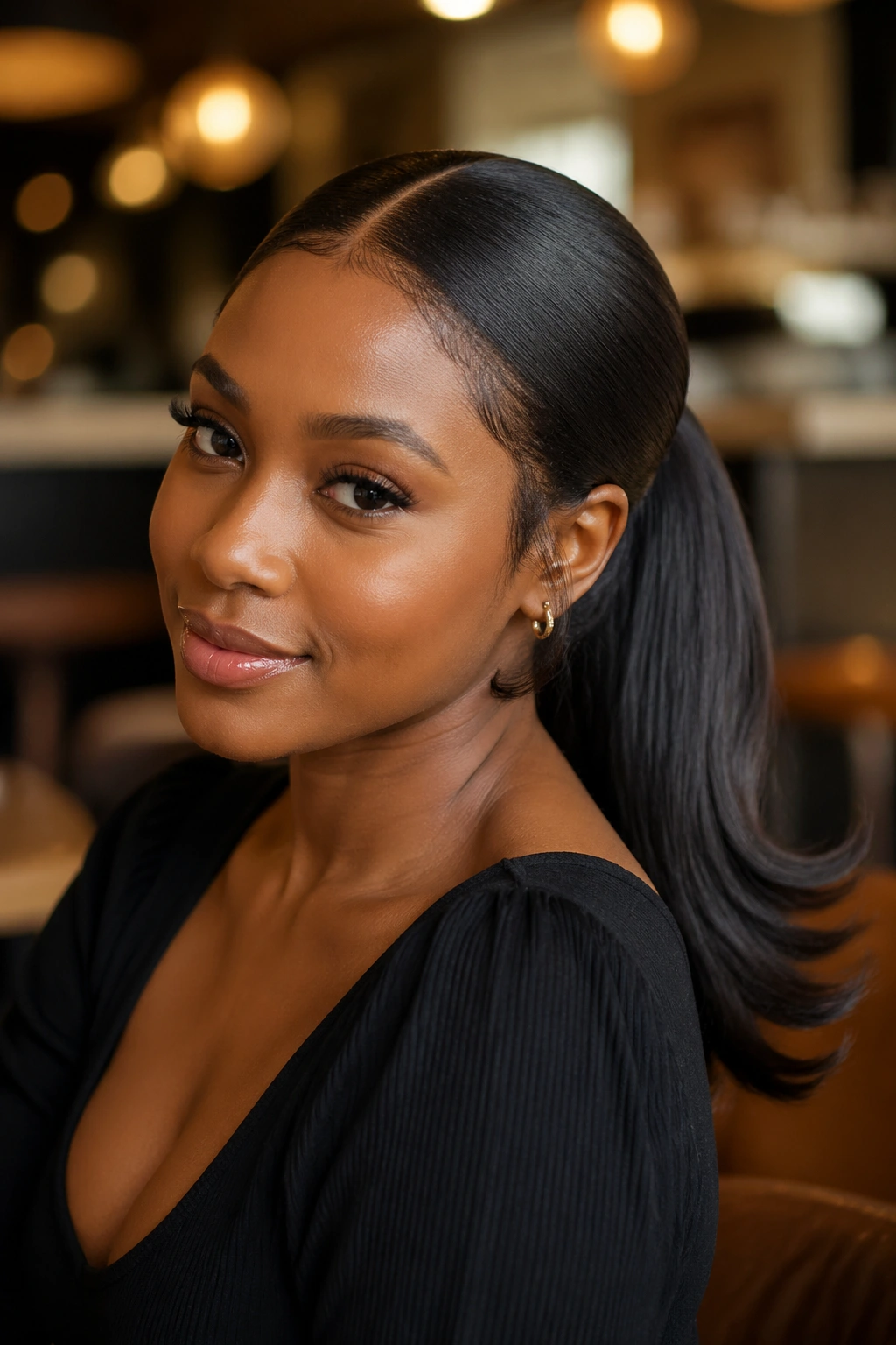 Close-up of a real Black woman with silk-pressed ponytail and flipped ends in warm indoor light.