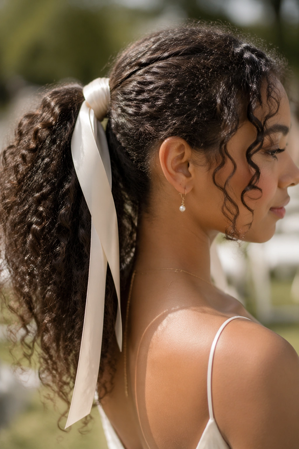 Close-up of a real woman with a silk-ribbon wrapped ponytail