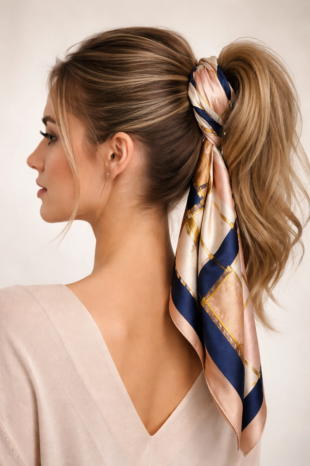 Hairstyle with silk scarf wrapped around base of high ponytail forming a wide bun
