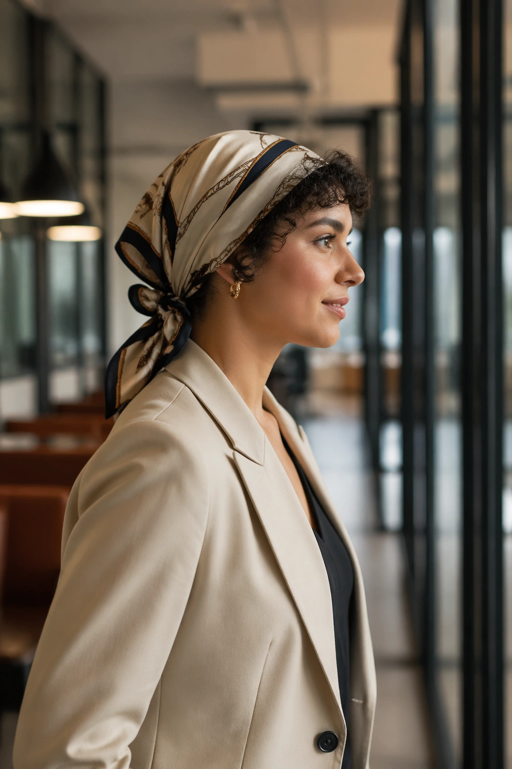Side-profile of silk scarf wrap with curly ends in office.