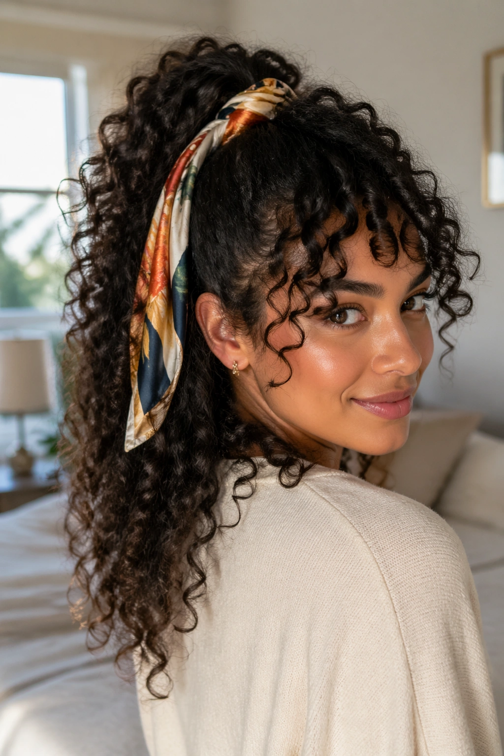 Close-up of a real woman with a silk scarf half ponytail in a cozy bedroom