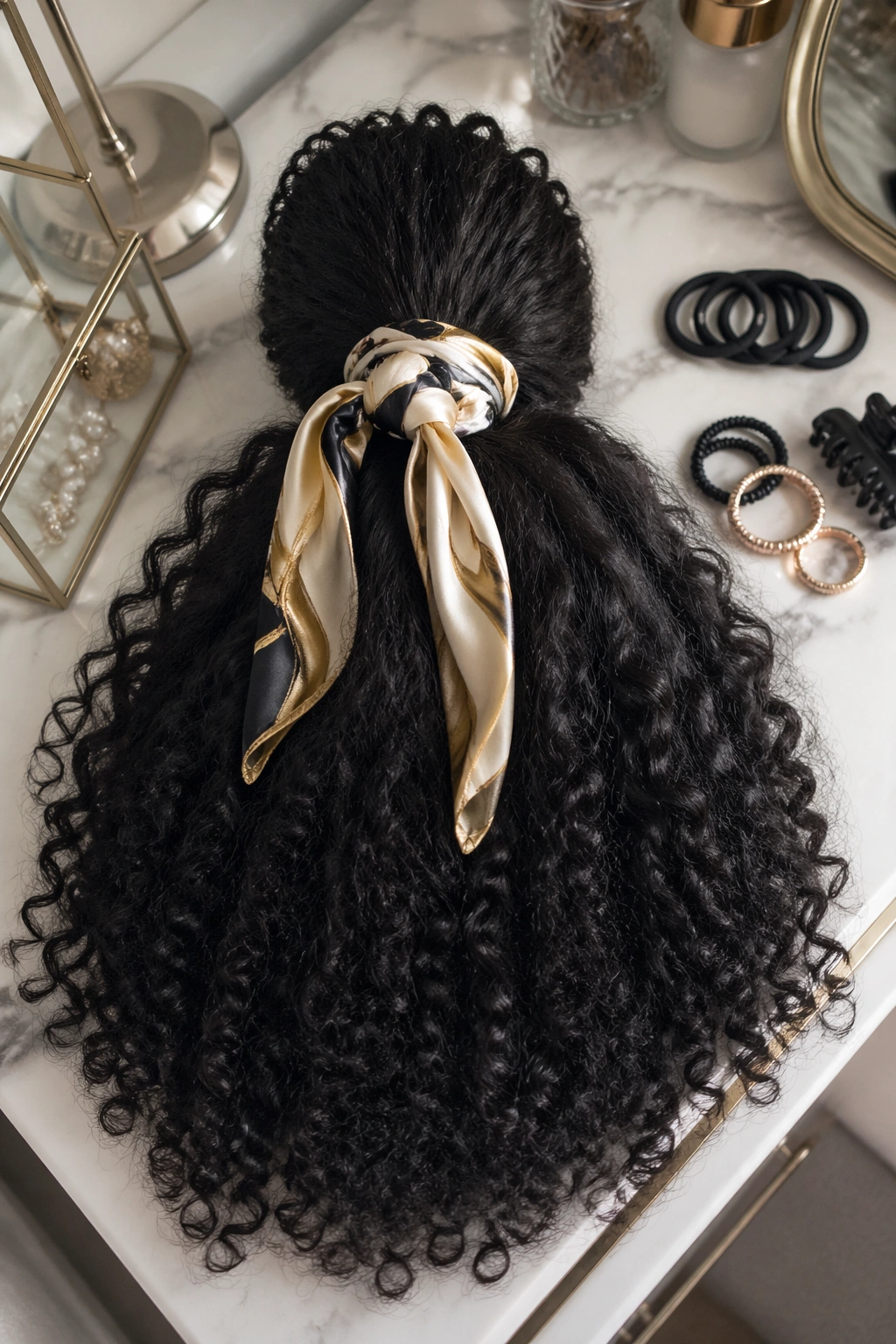 Overhead flat-lay shows scarf-wrapped half-up wig with accessories.