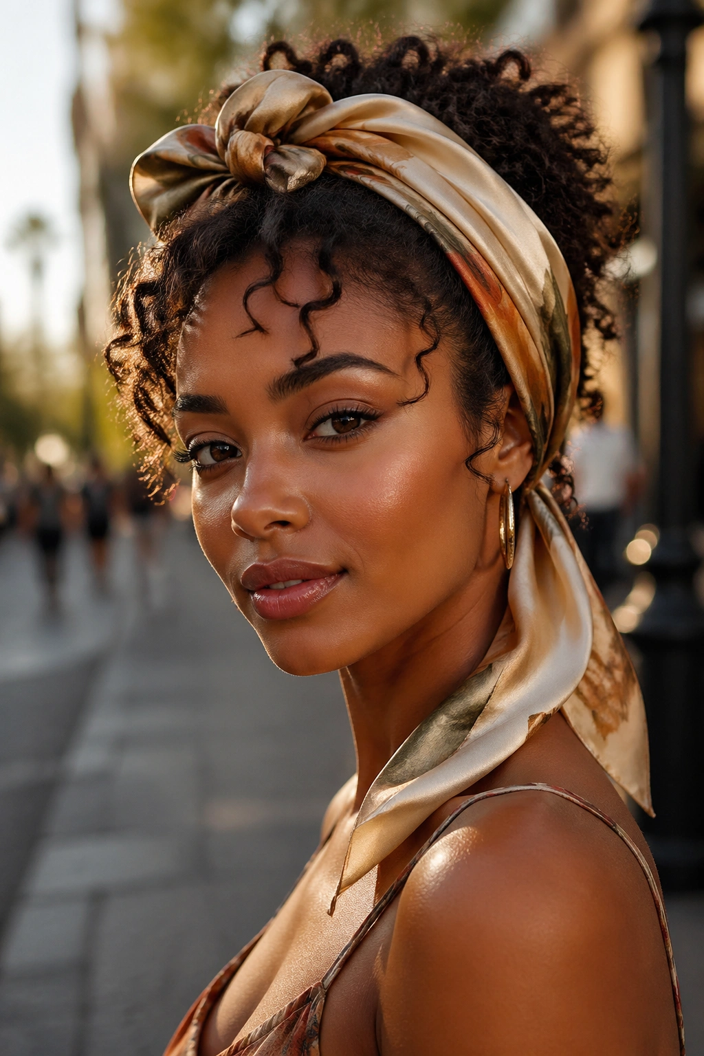 Close-up of a real woman wearing a silk scarf tied around the head