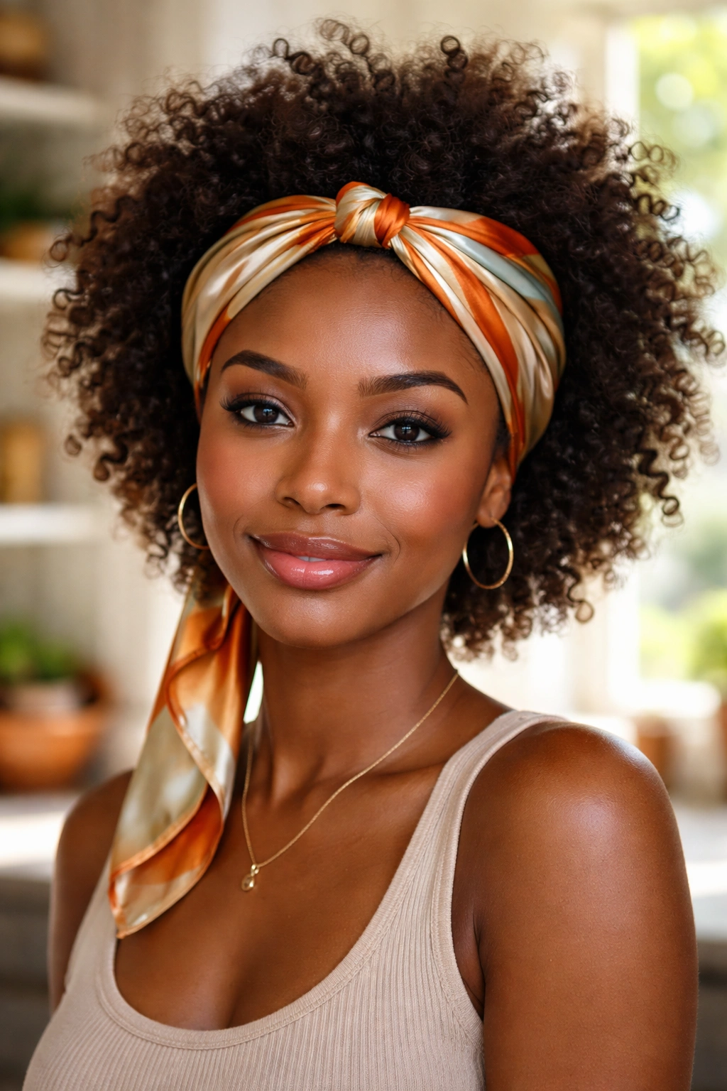 Close-up portrait of a real person wearing a front-knot silk scarf headband