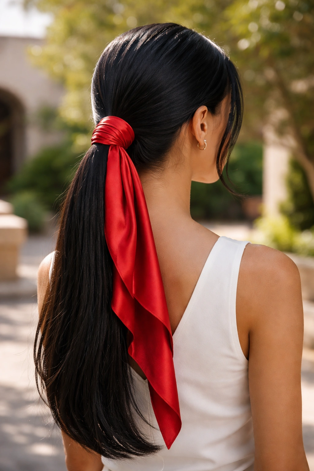 Three-quarter rear view of a real woman wearing a red silk scarf around a low ponytail