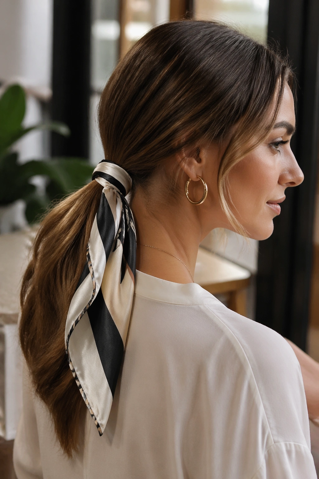 Close-up of a real woman with a silk scarf wrapped low ponytail