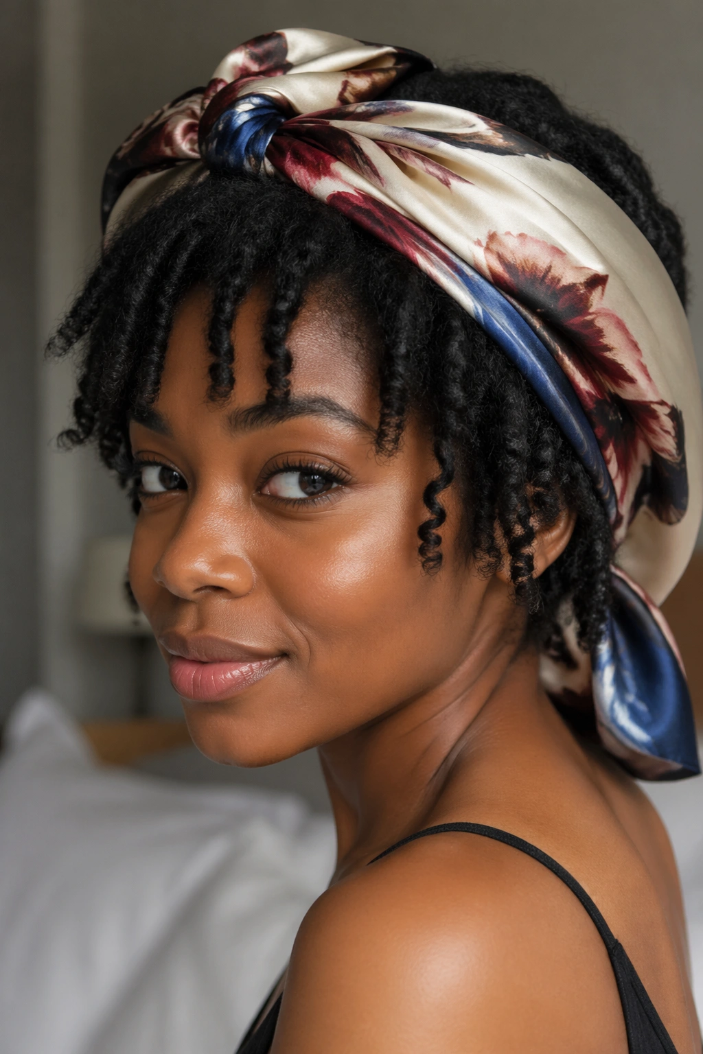 Portrait of a real person with twist-out finished with silk scarf wrap