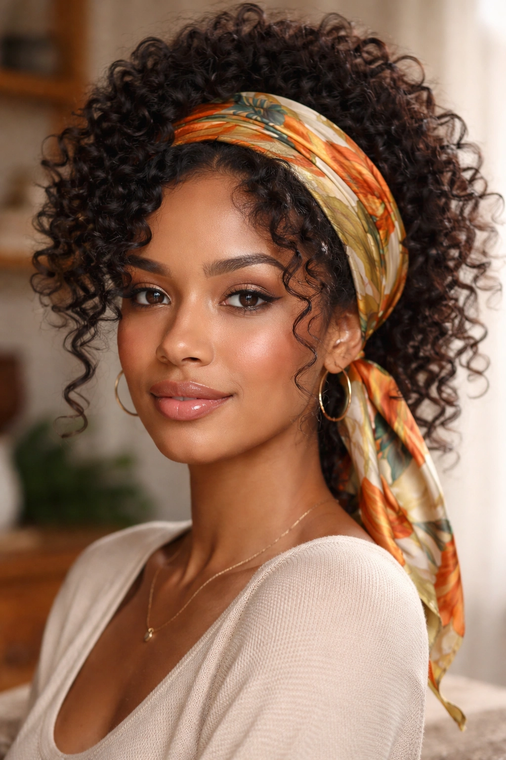 Close-up of a real woman with a silk scarf wrap and curls left out