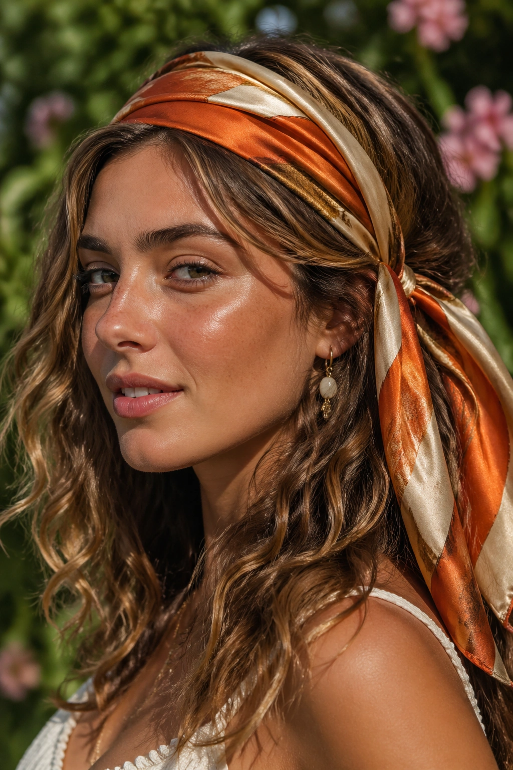 Close-up portrait of a real woman with silk scarf wrapped waves hairstyle