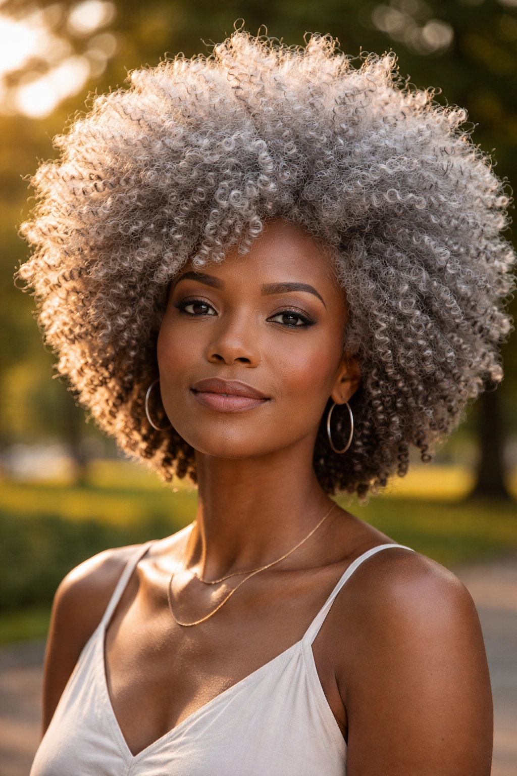 Close-up of a real woman with a bold silver afro in sunlit park