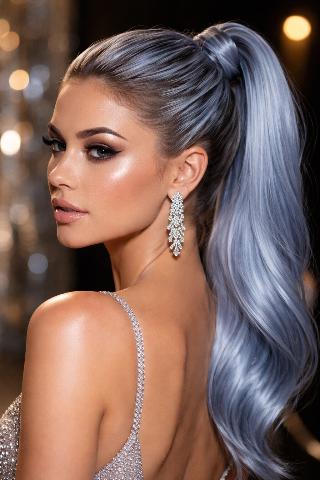 Real person with silver-blue glam ponytail under soft evening light
