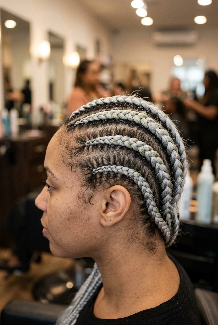 Close-up profile of a person with silver kanekalon braids showing delicate fiber texture.