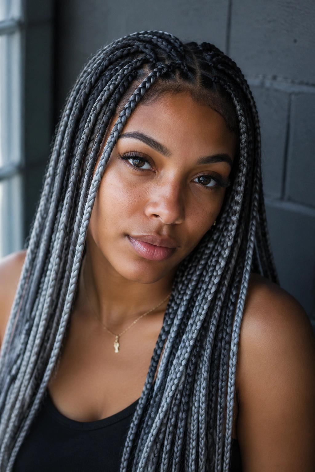 Real person wearing silver and charcoal black smoke braids in urban soft light.