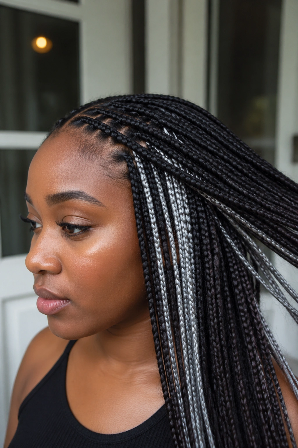 Close-up of a real woman with silver and charcoal peekaboo braids under dark hair