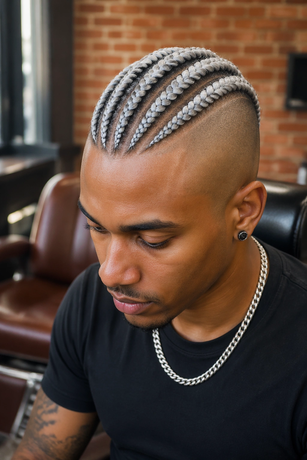 Close-up of a real person with a silver cornrow mohawk and shaved sides, bold center strip.