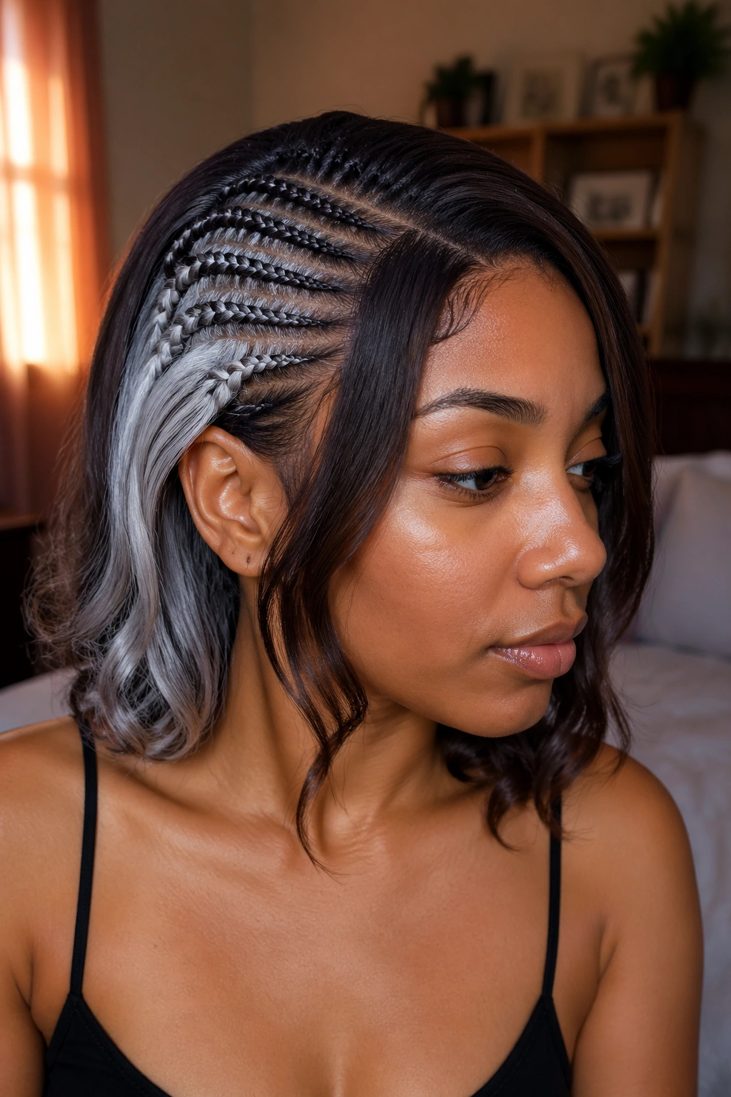Close-up portrait of a real woman with dark brown hair and silver underlayer peeking through in a peekaboo cornrow.