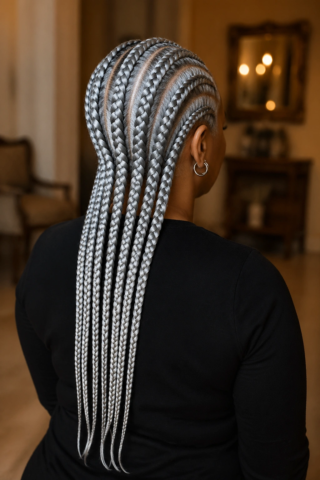 Back-view portrait of a real person with sleek pure silver cornrows reaching mid-back