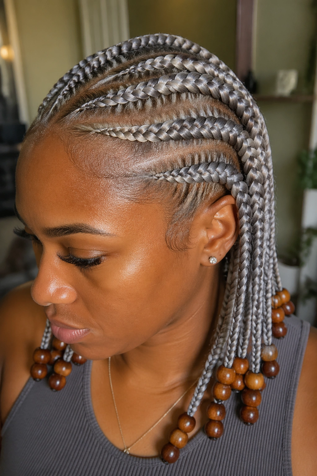 Cornrows with wooden bead ends in silver kanekalon