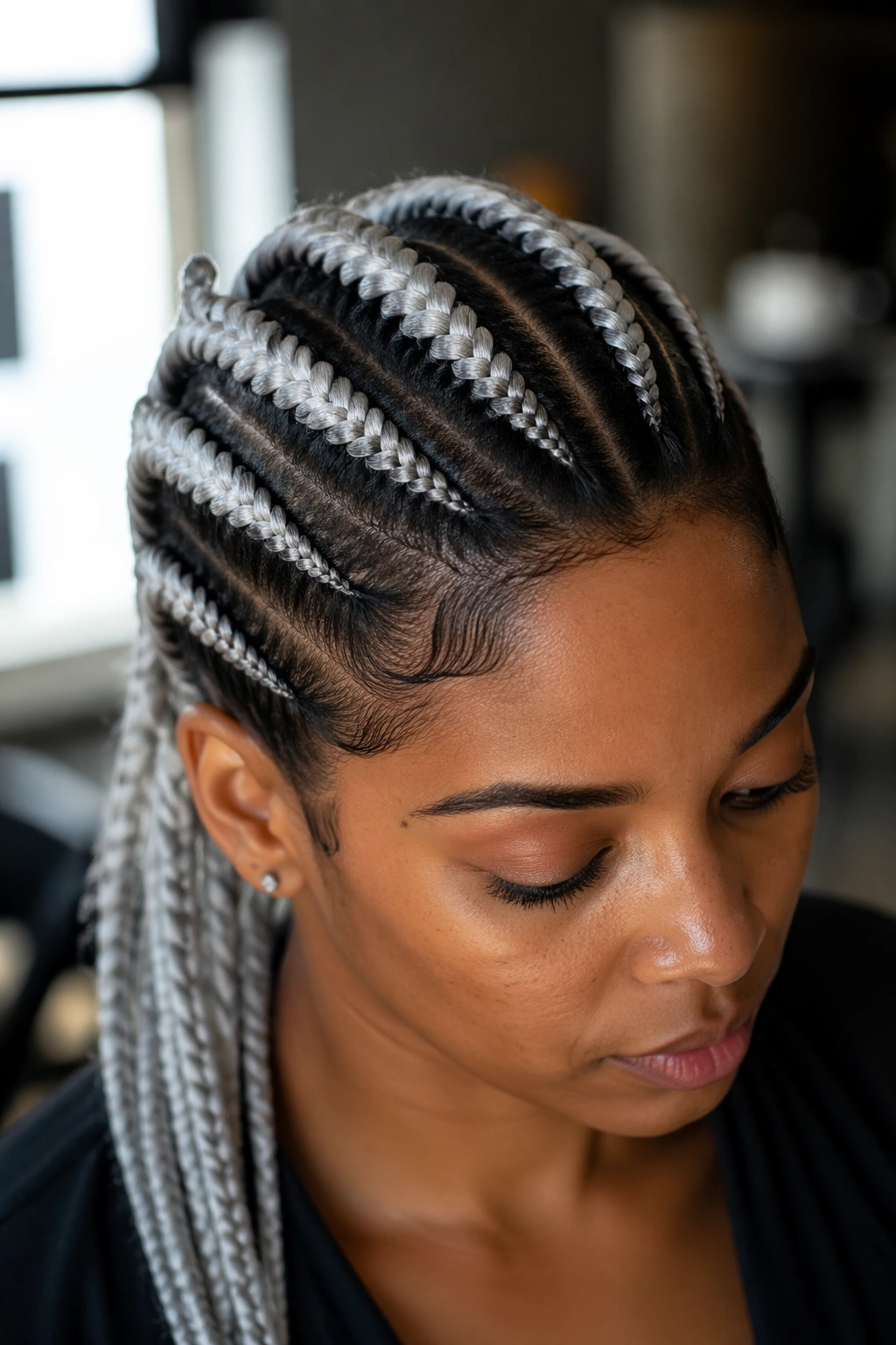 Real person with black-to-silver root fade cornrows