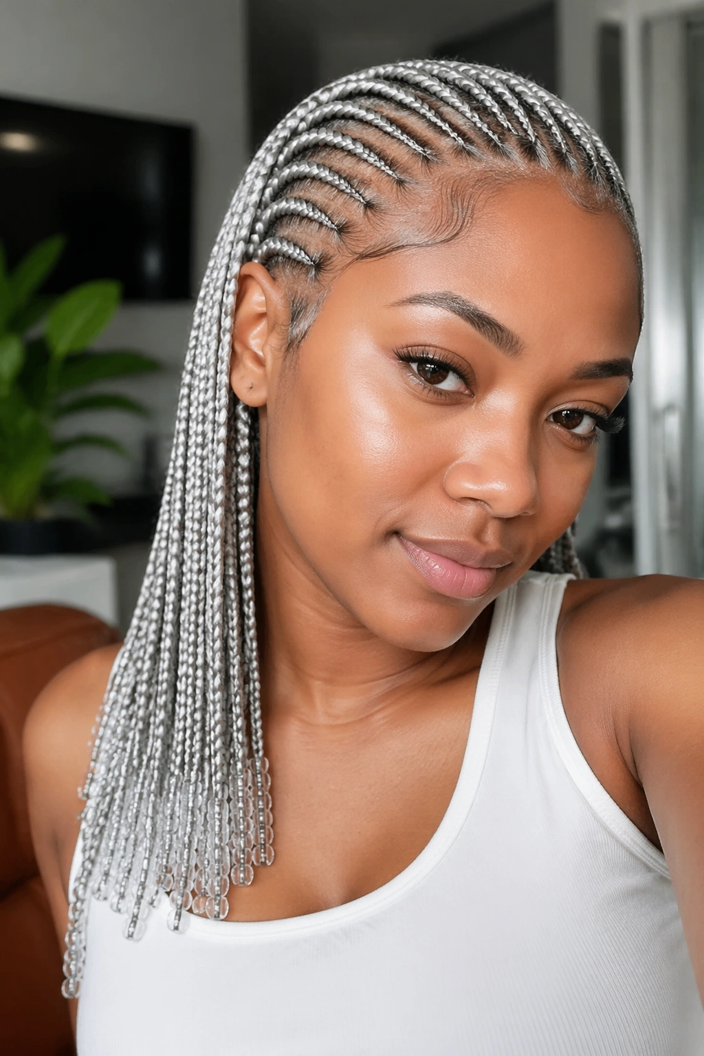 Close-up of real woman with silver cornrows and clear glass bead ends