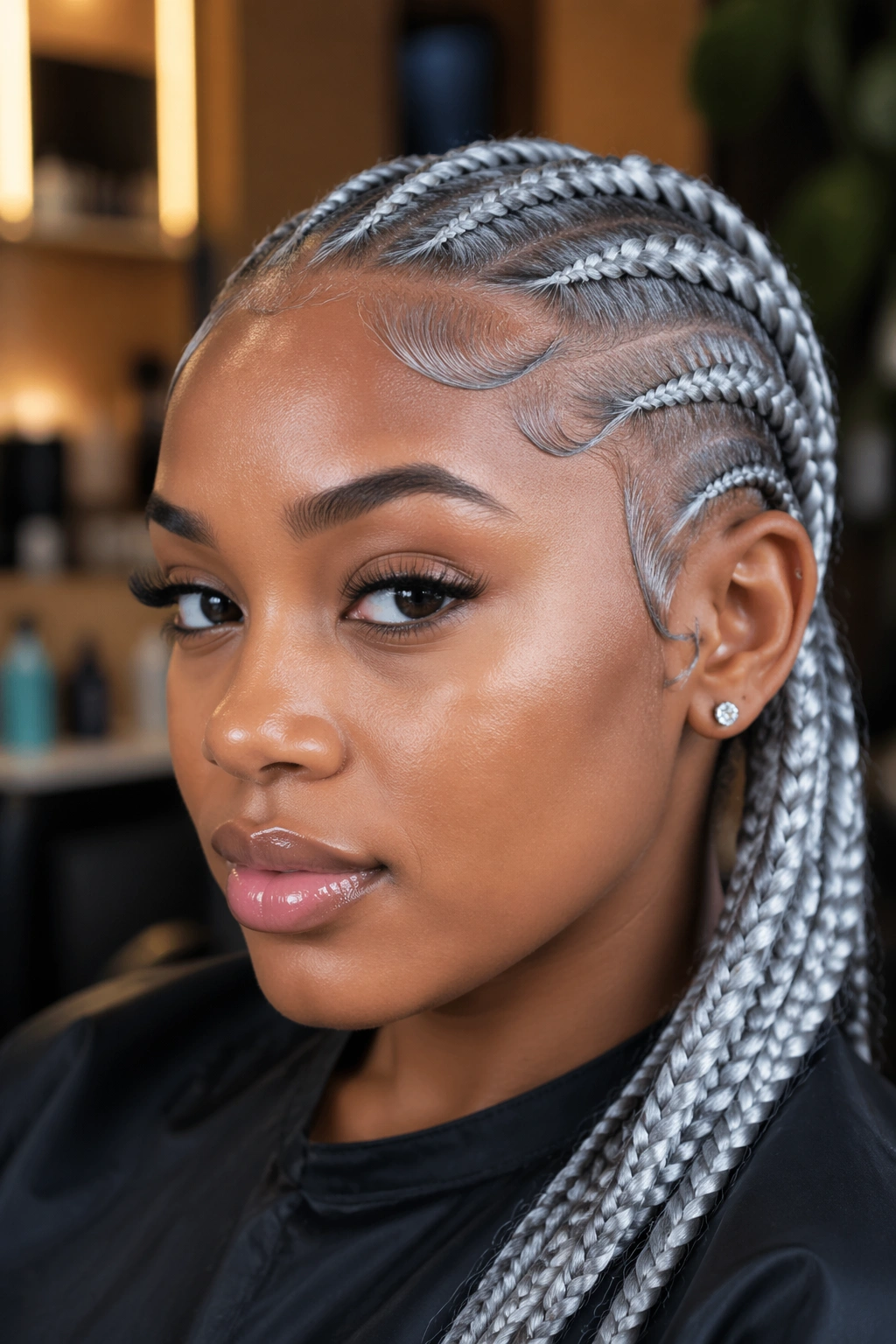 Close-up portrait of a woman with freshly laid edges on silver cornrows in a salon