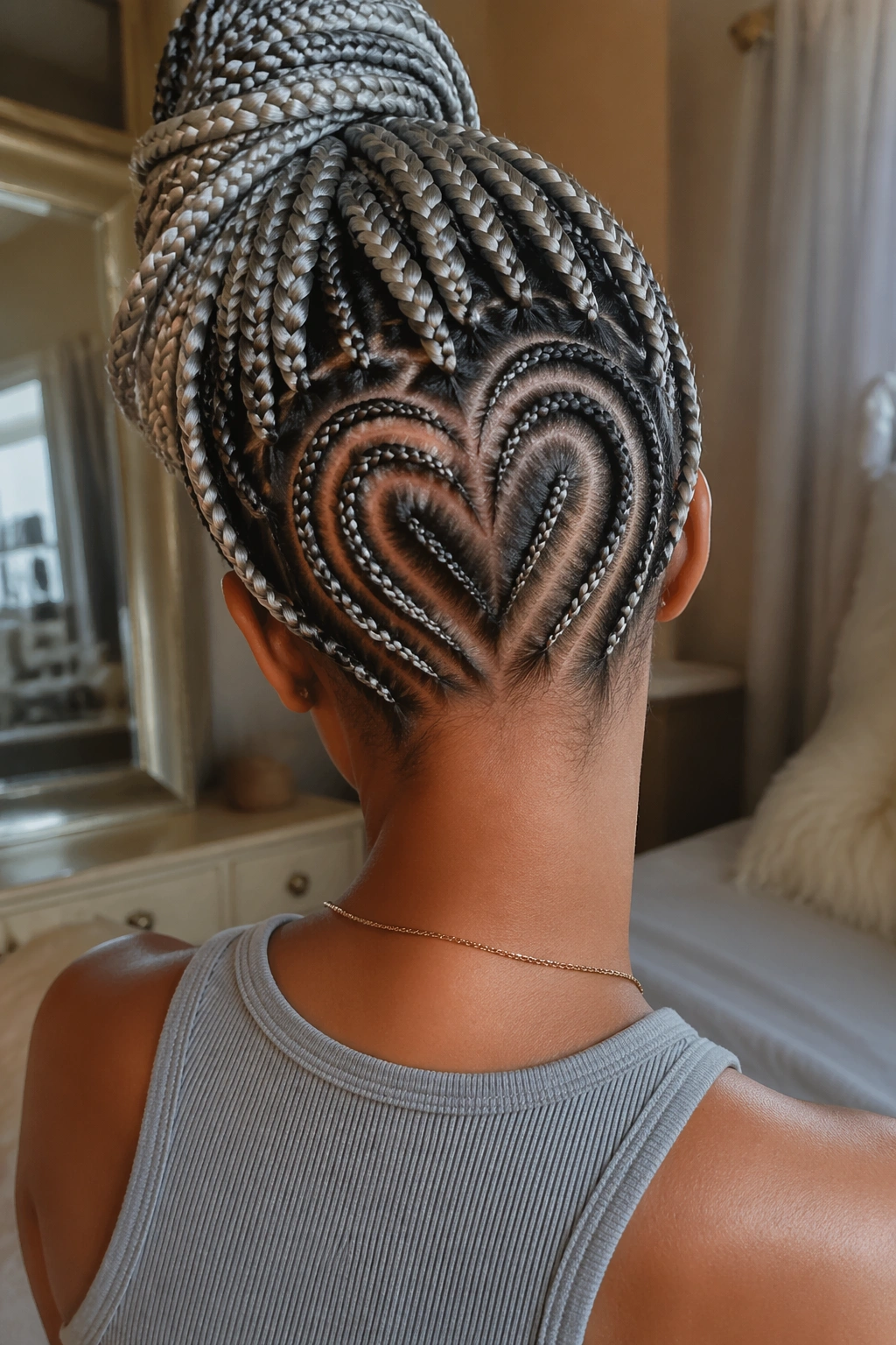 Back view showing a heart-shaped braided pattern in silver cornrows