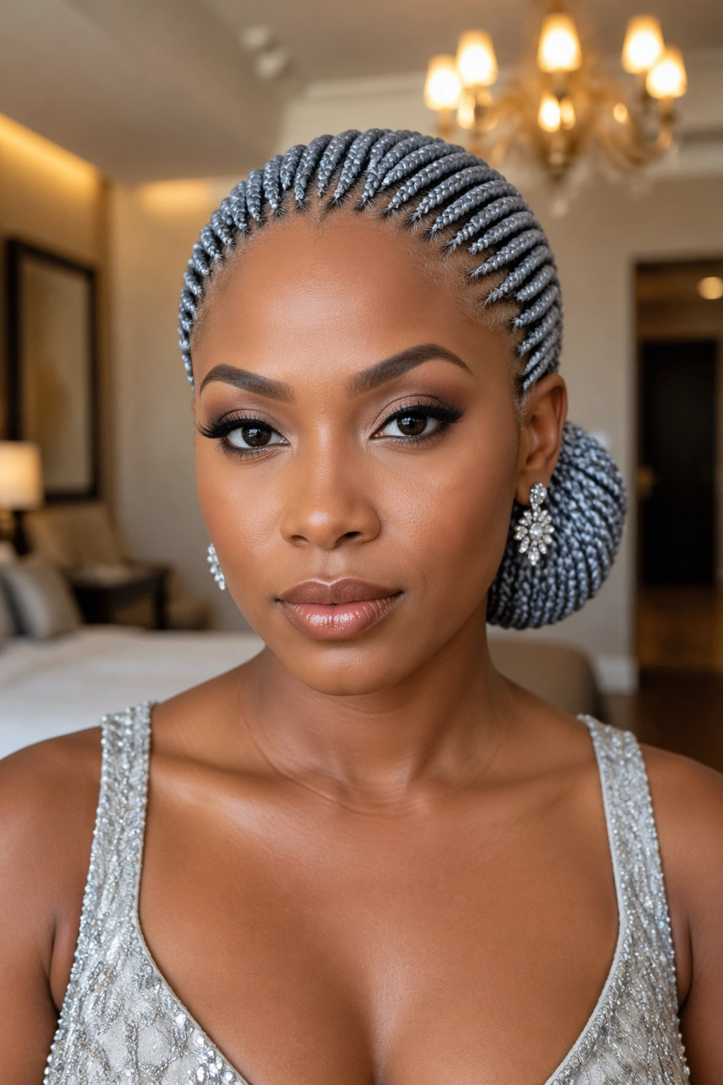 Close-up of real woman with silver cornrows in a low nape chignon