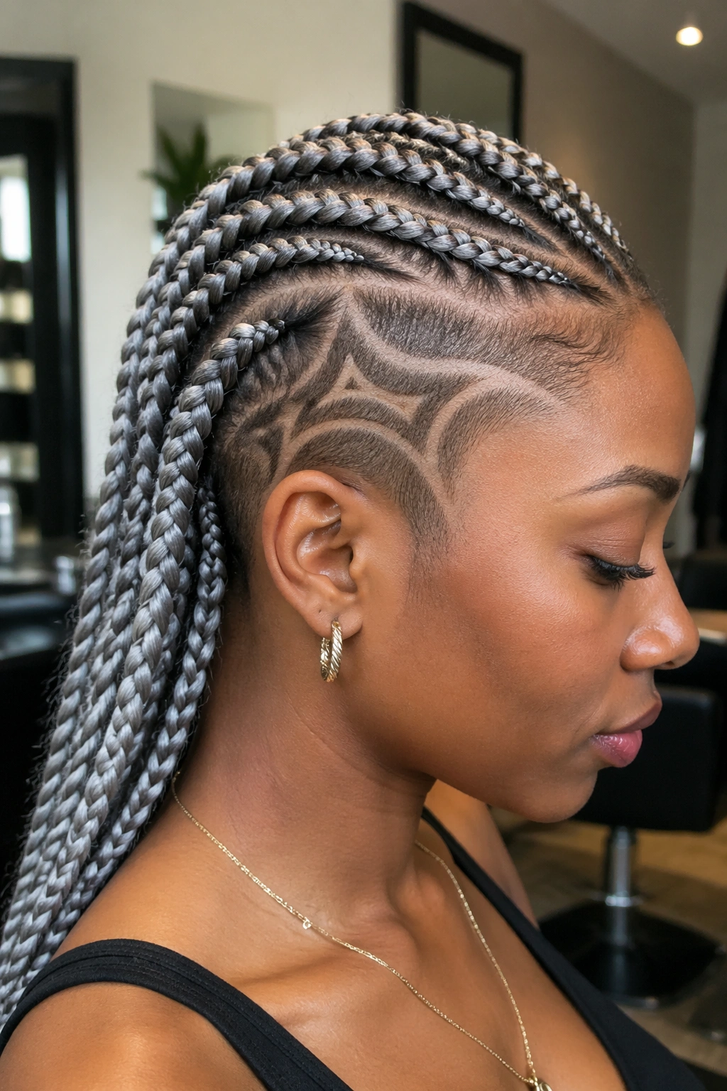 Side-profile view highlighting shaved temple design with silver cornrows
