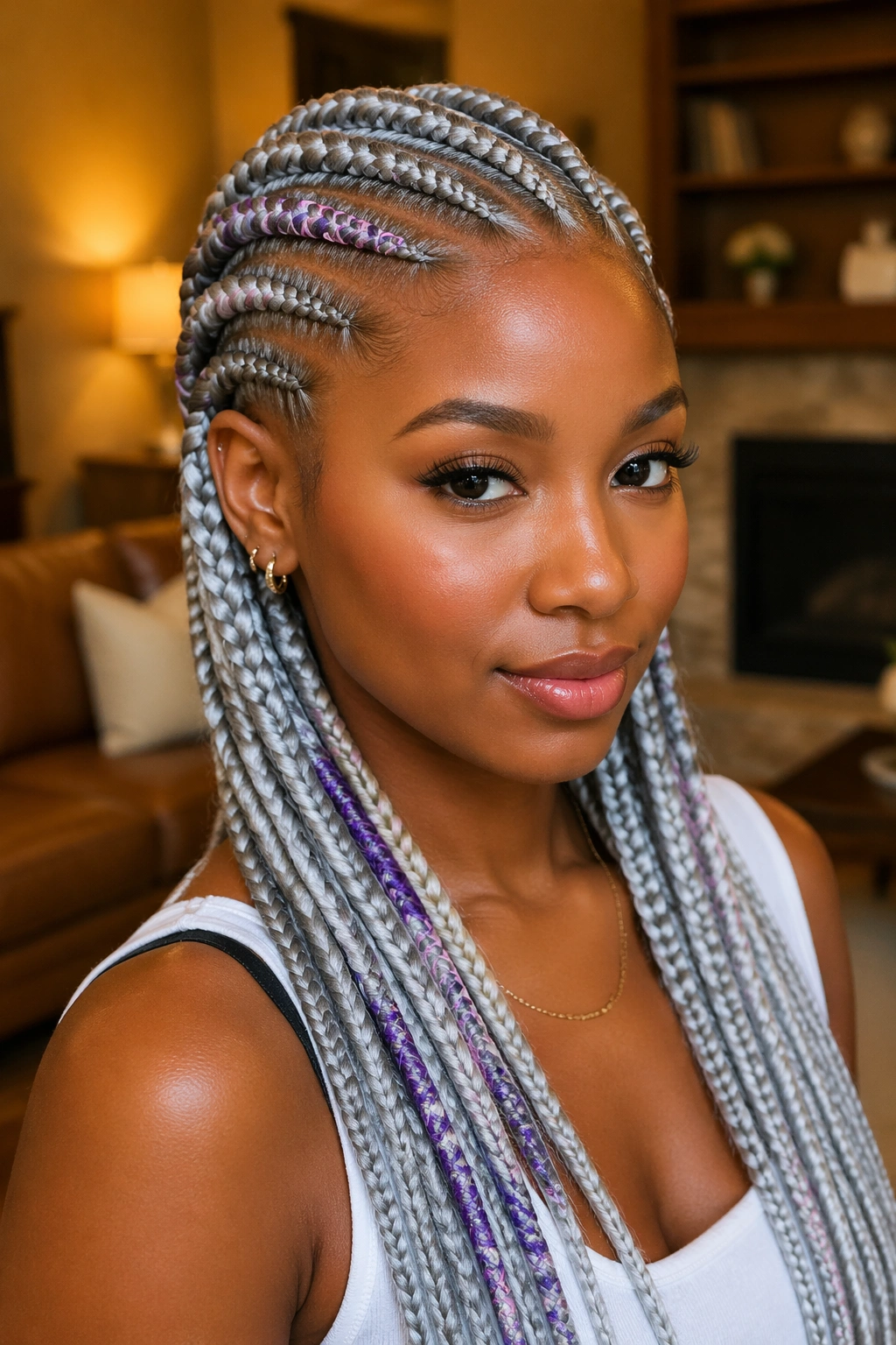 Close-up of real woman with silver cornrows wrapped with embroidery thread
