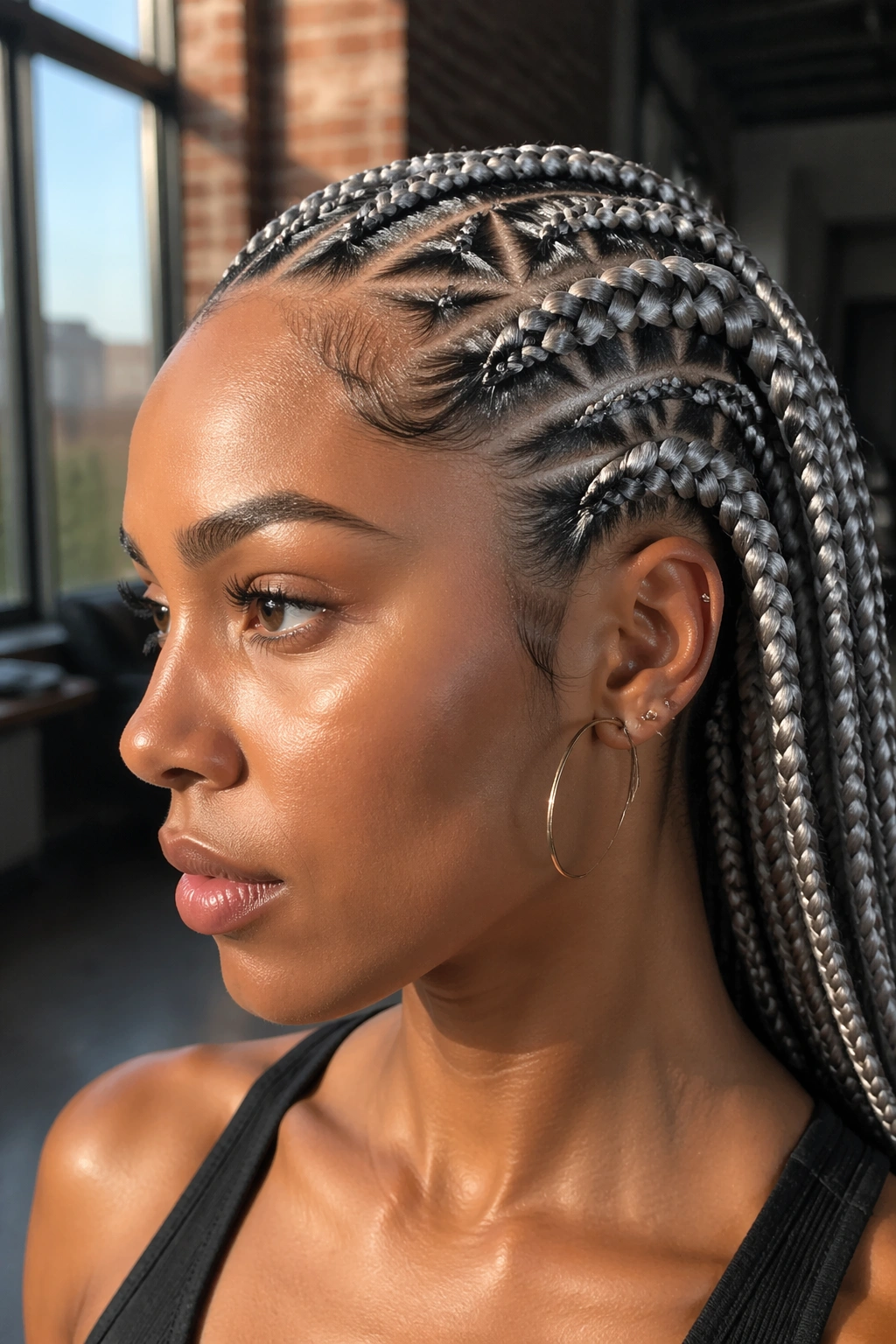 Close-up of real woman with silver cornrows triangular partings