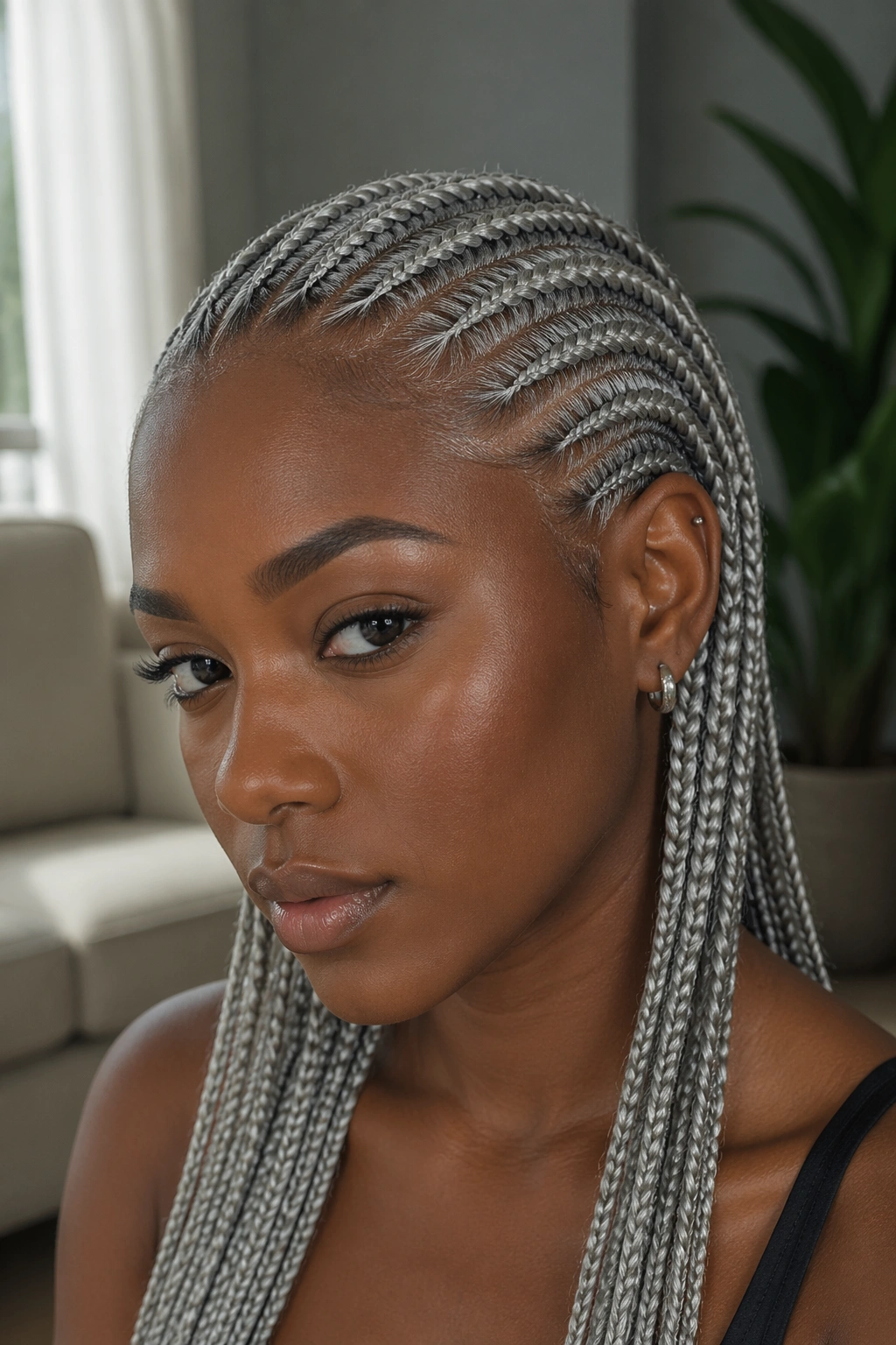 Portrait of a person with icy silver cornrows and deep skin tone under natural window light