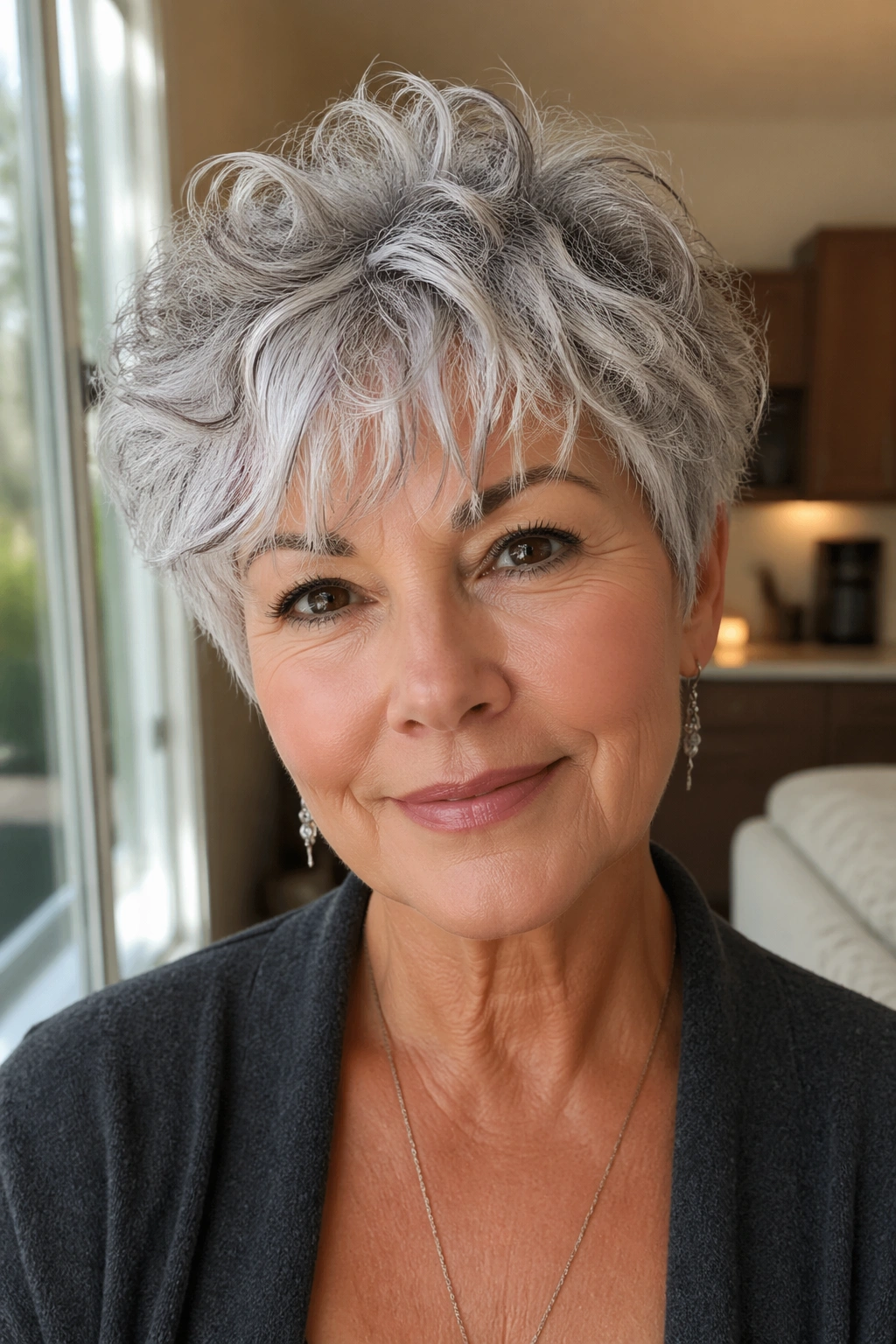 Close-up of a real woman with silver curls and a feathered fringe