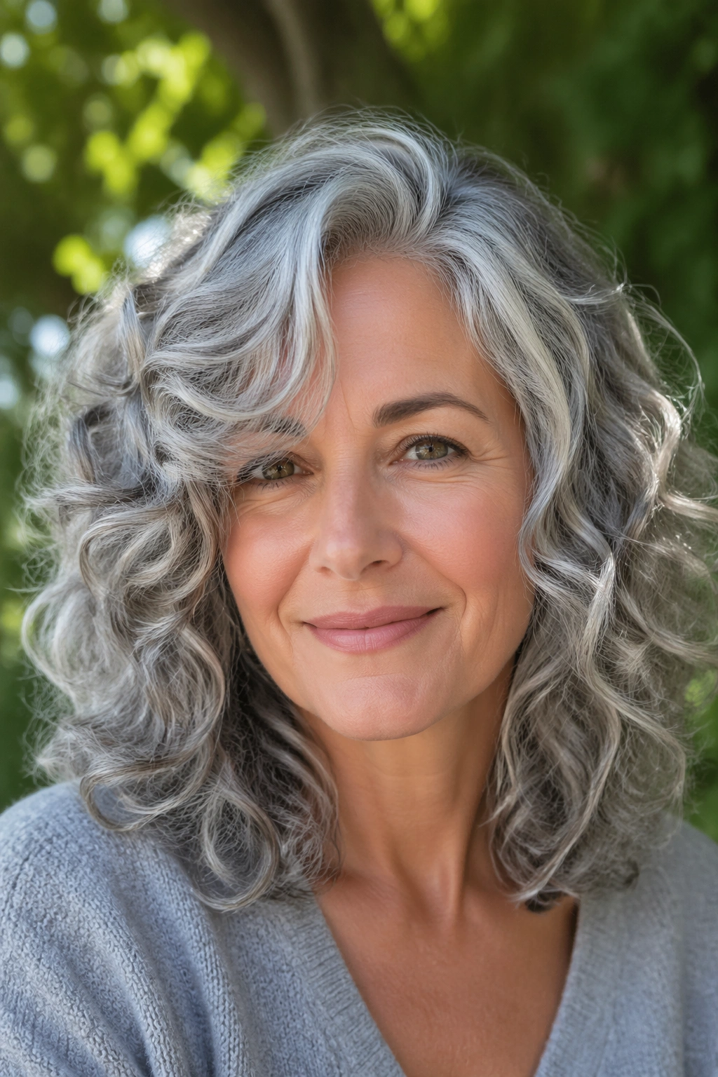 Close-up of a real woman with silver curls and soft layers, soft part, outdoor natural light